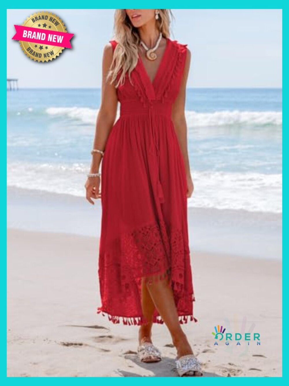 V Neck Sleeveless Lace Tassel Smocked Waist Maxi Dress Boho Beach Formal Long - Picture 2 of 4